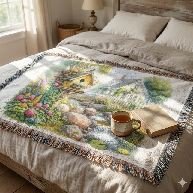 Cobertor Casa de Pássaros de Jardim Caprichoso Córrego (Whimsical Cottage Garden Birdhouse Stream Throw Blanket )