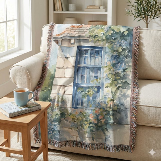 Cobertor Casa de Pedra com Janela Azul e Vinhas (Blue Window Stone Wall Cottage Vines Throw Blanket C)