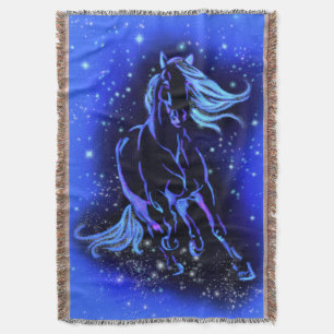 Cobertor Cavalo Azul Neon Correndo À Lua À Noite Estrelad