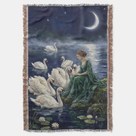 Cobertor Celtic Swans Moonlit Lake Night Fantasy Art
