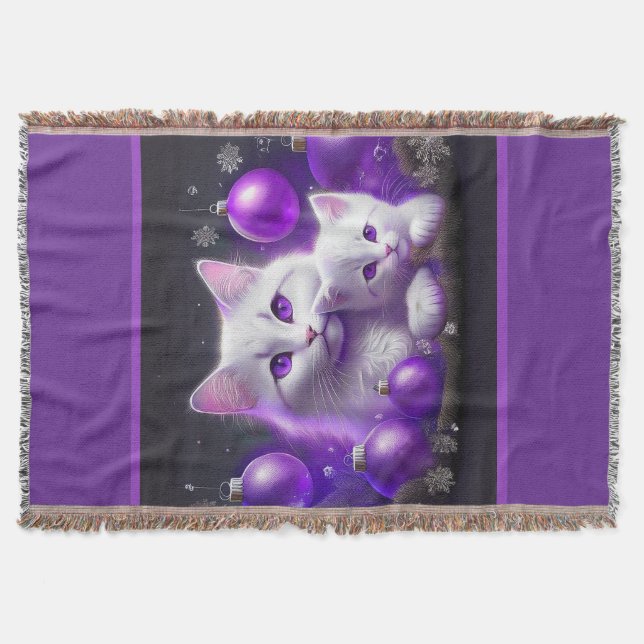 Cobertor Cena de Natal Púrpura De Gato E Gato-Mãe Branco (Frente)