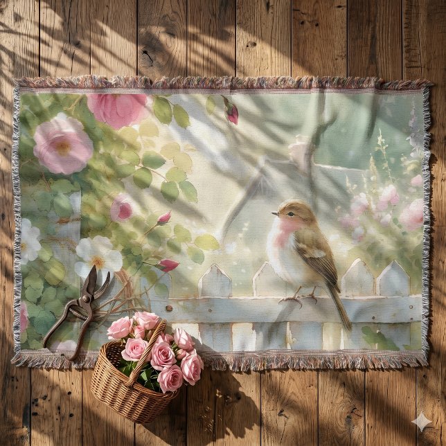 Cobertor Cena em Aquarela de Pássaro com Rosa de Jardim (Garden Rose Bird Watercolor Scene Throw Blanket)
