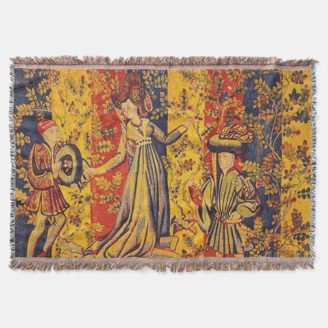 Cobertor Chinoiserie amarela azul-vermelha medieval italian (Frente)