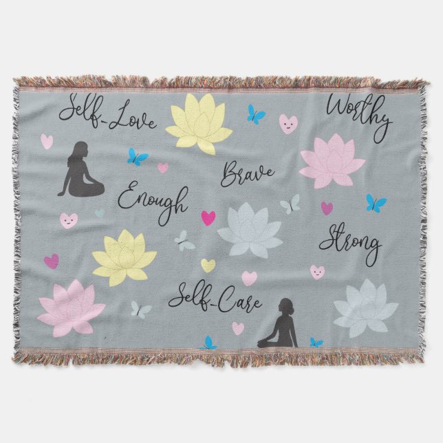 Cobertor Cinza com Flores de Lótus e Mindfulness (Frente)