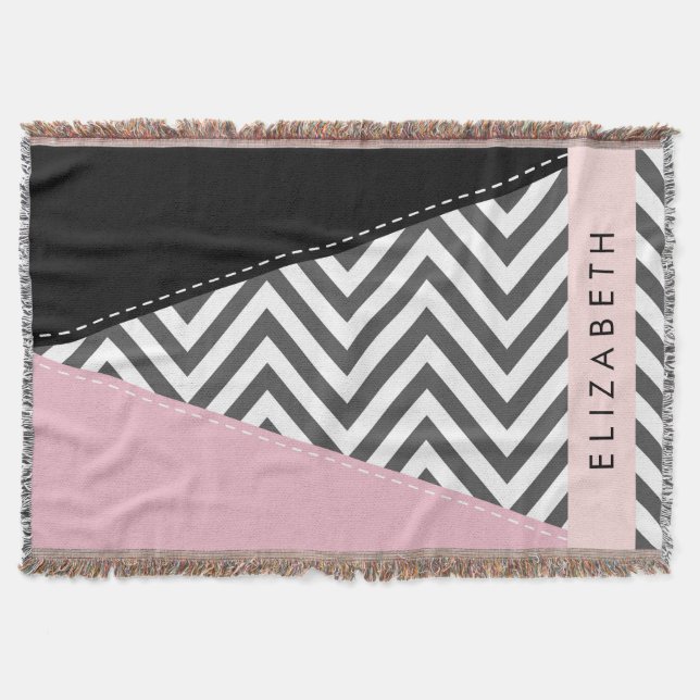 Cobertor Cinza Zigzag, Cinza Chevron, Rosa, Seu Nome (Frente)