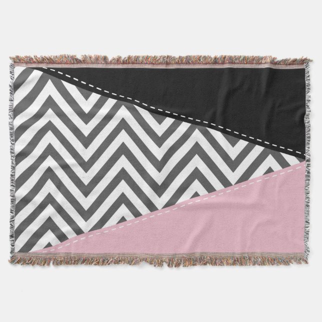 Cobertor Cinza Zigzag, Cinza Chevron, Zigzag Patterno, Rosa (Frente)