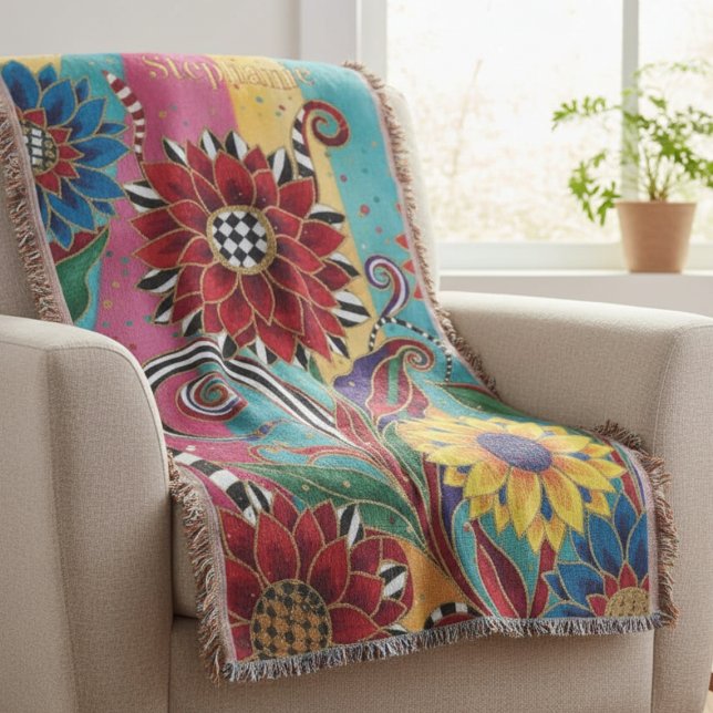 Cobertor Colorful Artistic Garden Bloom (Bright Whimsical personalized throw)