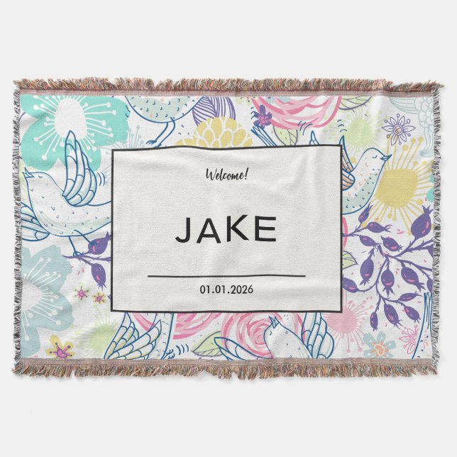 Cobertor Colorful Birds Welcome Name Date Newborn (Frente)