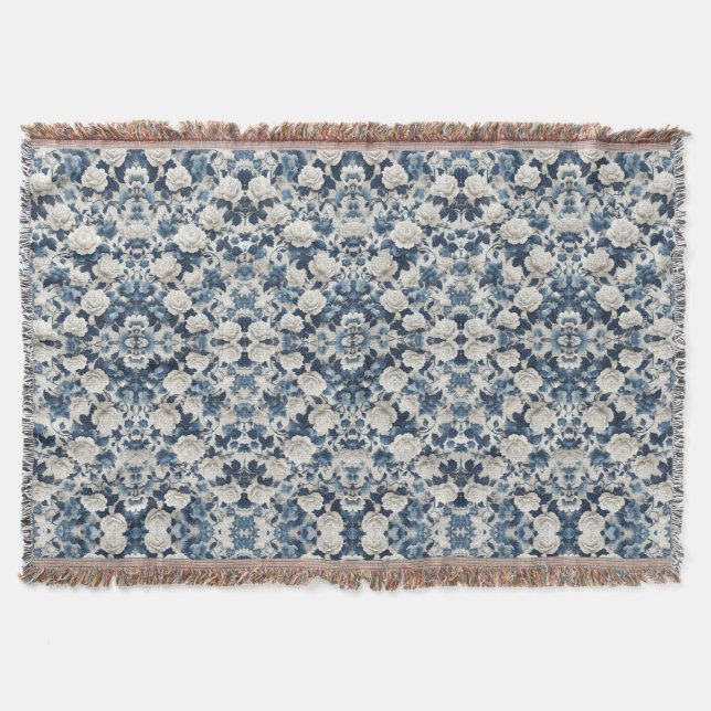 Cobertor com Padrão Damasco Floral Azul (Frente)
