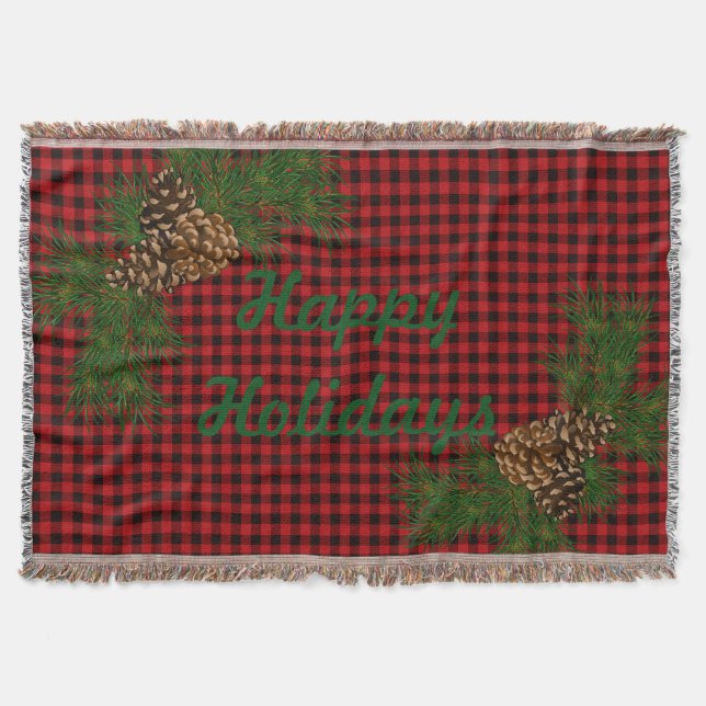 Cobertor Cone de pinheiro vermelho e xadrez preto (Frente)