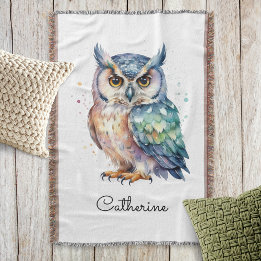 Cobertor Coruja de Chifre Personalizada em Aquarela Moderna