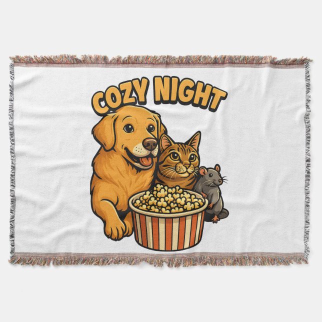 Cobertor Cozy Night Movie Time – Cute Dog,Cat,Mouse Popcorn (Frente)