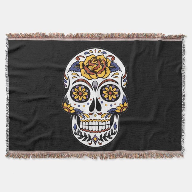 Cobertor Crânio de Rosa Amarelo em Preto (Frente)