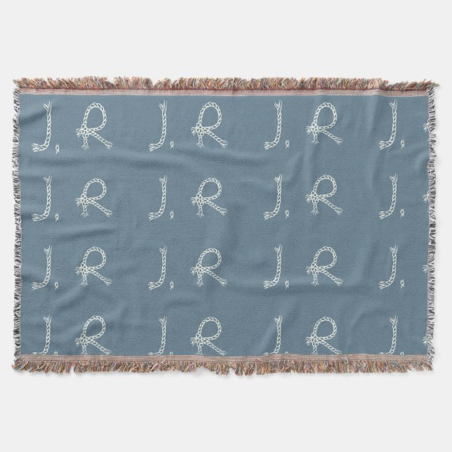 Cobertor Customized Blue White Rope Knot Monogram Soft Warm (Frente)
