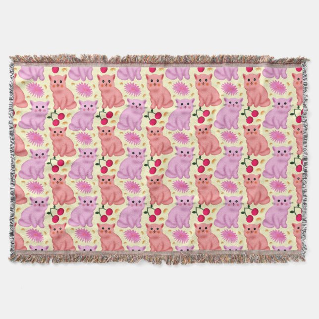 Cobertor Cute Cat Cherry Floral Pattern | Kawaii Kitty  (Frente)