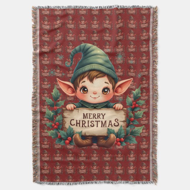 Cobertor Cute Christmas Elf Holding Merry Sign Red (Frente Vertical)