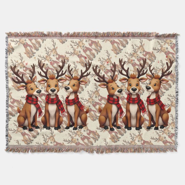 Cobertor Cute Christmas Reindeer Trio with Plaid Scarves (Frente)