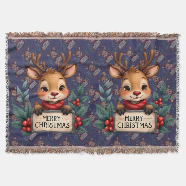 Cobertor Cute Christmas Reindeer with Holly and Sign (Frente)