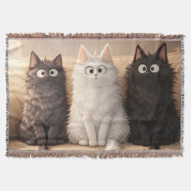 Cobertor Cute Fluffy Cartoon Cats Gray White & Black  (Frente)