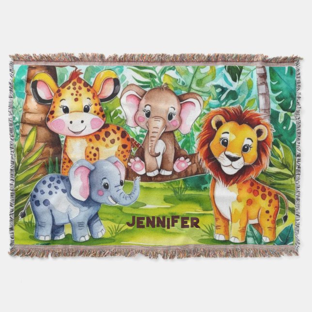 Cobertor Cute Kids Safari Selva Animal Personalizado Nome (Frente)
