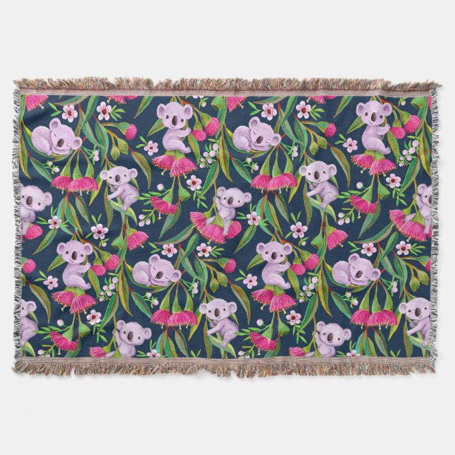 Cobertor Cute Koalas Pale Lilac on Pink Eucalyptus Flowers (Frente)