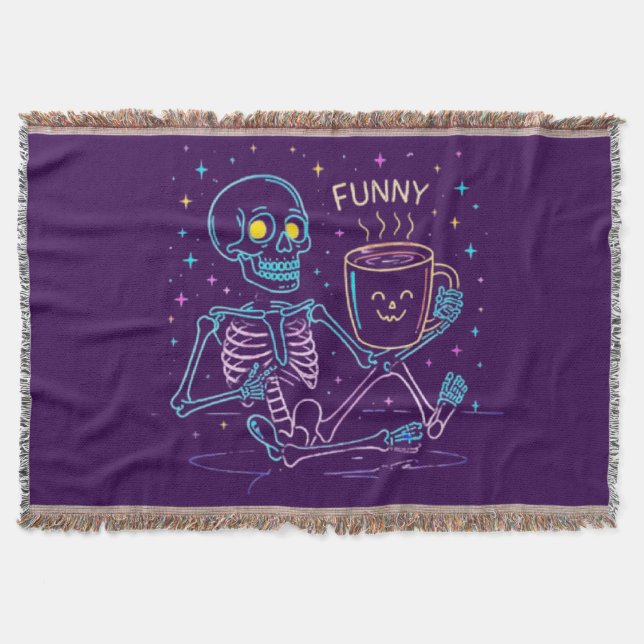Cobertor Cute Neon Skeleton Drinking Coffee – Funny Pastel  (Frente)