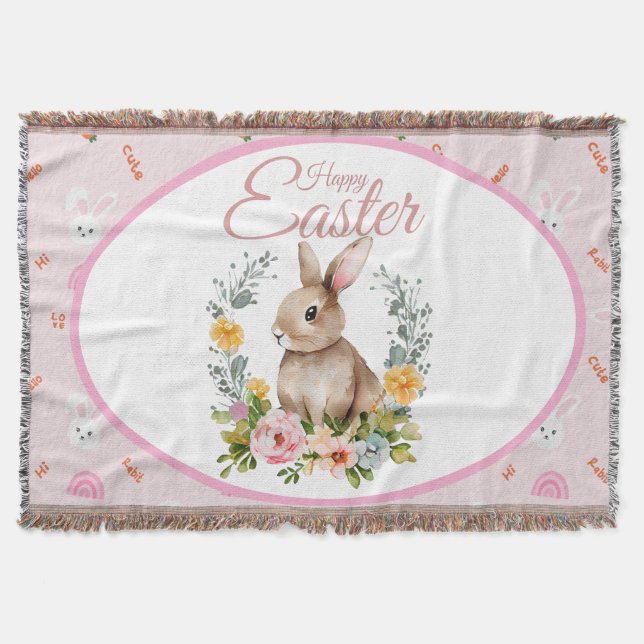 Cobertor Cute Watercolor Bunny Floral Wreath Easter (Frente)