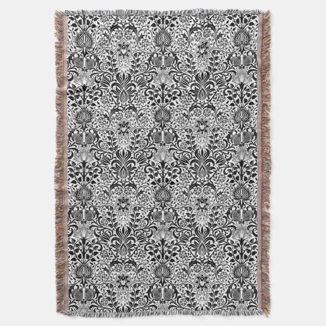 Cobertor Damasco Floral Jacobino, Preto, Branco e Cinza (Frente Vertical)