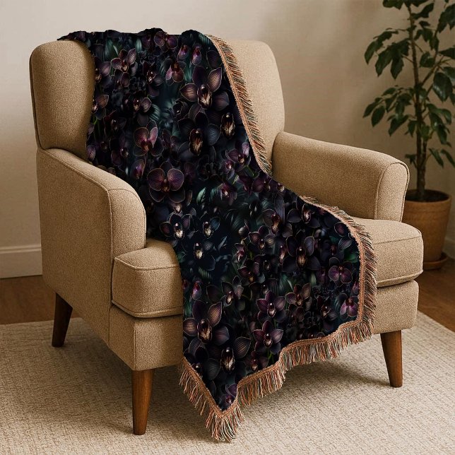 Cobertor Dark Orchid Maximalist Gothic Floral Throw Blanket (Dark Orchid Maximalist Gothic Floral Throw Blanket)