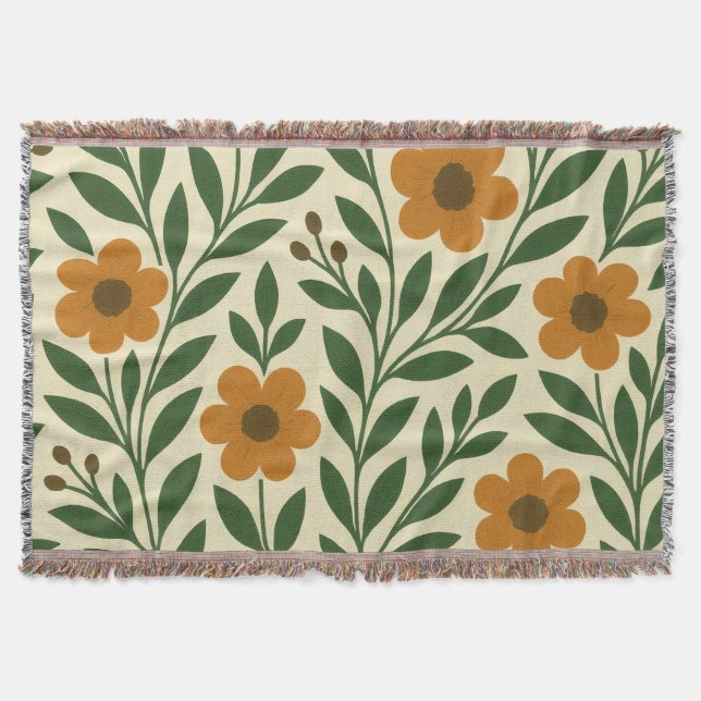 Cobertor de Arremesso com Flores Laranjas e Folhas (Frente)