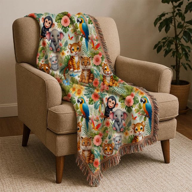 Cobertor de Arremesso de Animais da Selva Tropical (Baby Jungle Animals Tropical Kids Throw Blanket)