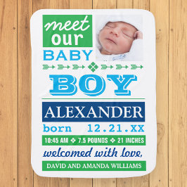 Cobertor De Bebe Anúncio de Nascimento de Bebê Menino Azul Moderno