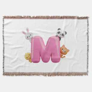 Cobertor de Bebê com Letra M Rosa em 3D e Animais