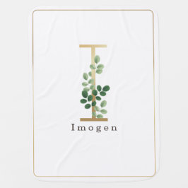 Cobertor De Bebe Letra I Elegante Dourada + Verde Botânico