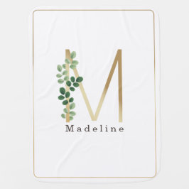 Cobertor De Bebe Letra M Elegante Dourado + Verde Botânico