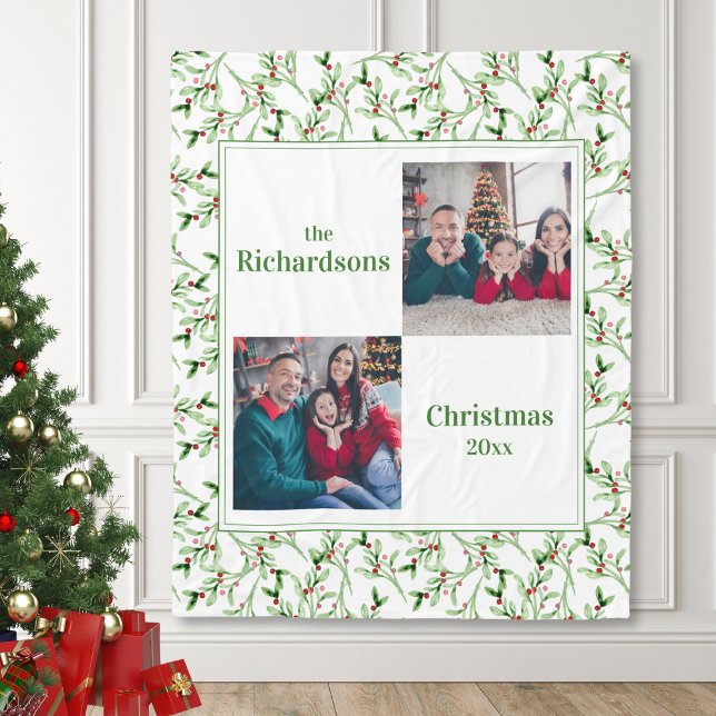 Cobertor de Fleece com Foto de Família de Natal (christmas family photo keepsake blanket with mistletoe background, cozy personalized christmas gift)