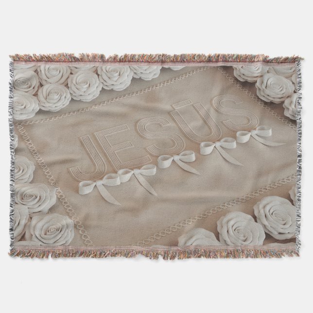 Cobertor de Fleece e Sherpa JESÚS – Rosas Brancas  (Frente)
