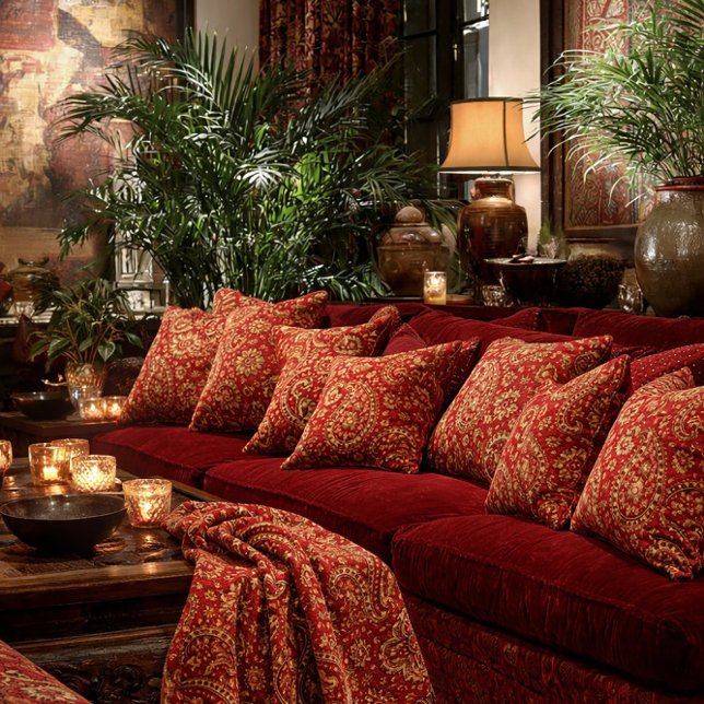 Cobertor de lançamento de paisley vermelho e doura (Red & Gold Paisley pattern toss pillows and toss throw. )