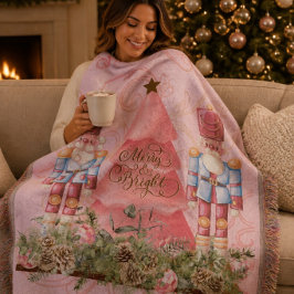 Cobertor de Natal Rosa com Quebra-Nozes e Árvore