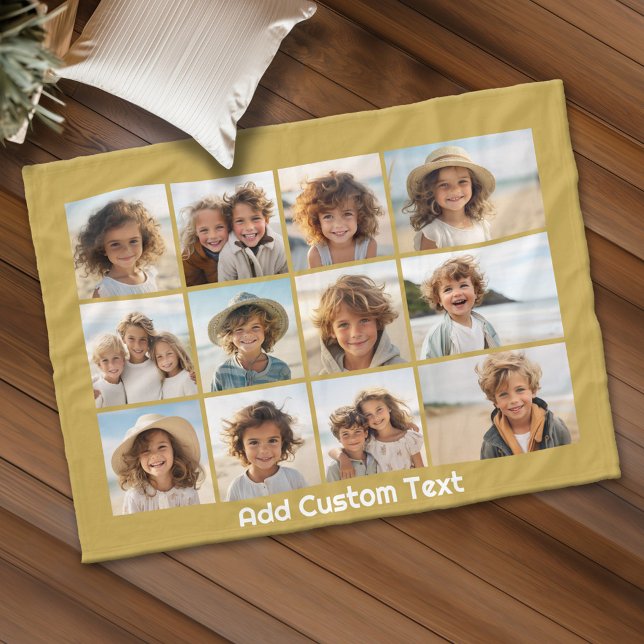 Cobertor De Velo 12 Colagem de Fotos e Texto de Fundo Dourado (Personalized fleece blanket with 12 photos and custom text)