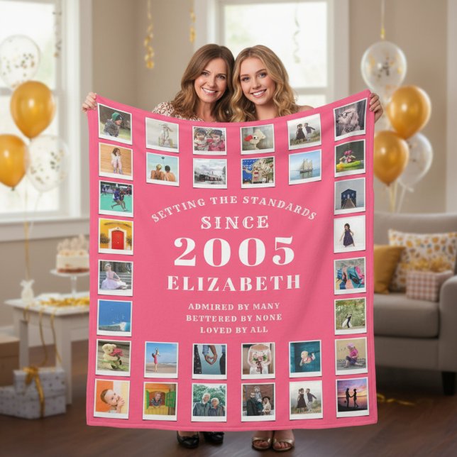 Cobertor De Velo 21st Birthday Daughter Family Photo collage Pink (Born 2005 Pink photo blanket held up by 2 women.)
