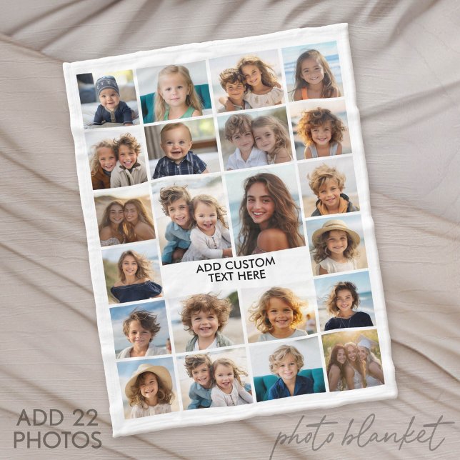 Cobertor De Velo 22 Colagem de Fotos - Branco com Texto (Custom Fleece Blanket with Photo Collage for Family and Friends)