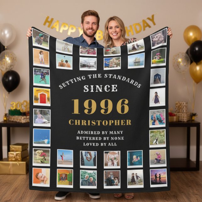 Cobertor De Velo 30th Birthday Family Memories Photo Collage  (Born 1996 photo template fleece blanket. Held by a couple.)