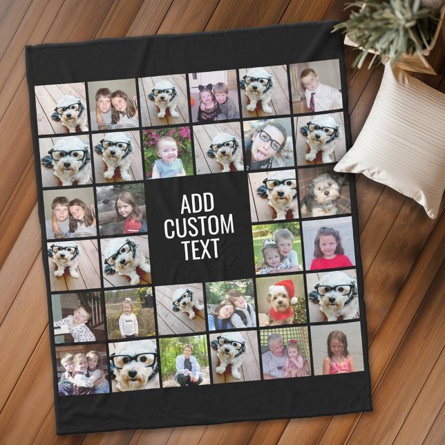 Cobertor De Velo 32 Colagem de Fotos: Preto Quadrado Moderno - Text (Personalized fleece blanket with 32 photos and text)