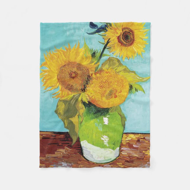 Cobertor De Velo 3 Girassóis em um vaso, Van Gogh Fleece Blanket (Frente)