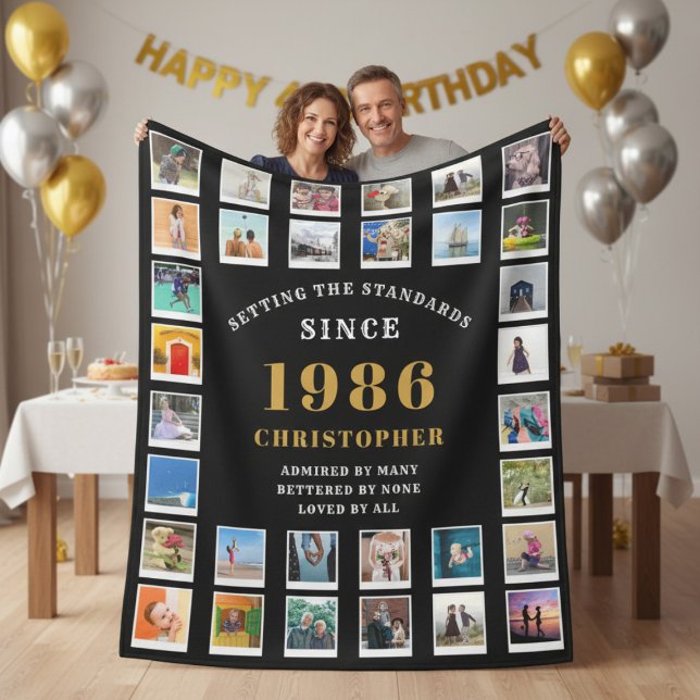 Cobertor De Velo 40th Birthday Family Memories Photo Collage  (1986 black photo template fleece blanket held up by a couple. )