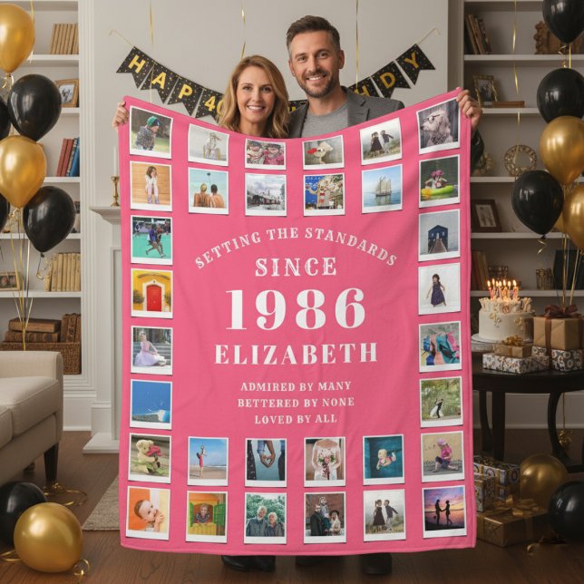 Cobertor De Velo 40th Birthday Mother Family Photo collage Pink (Born 1986 pink photo blanket held by a couple.)