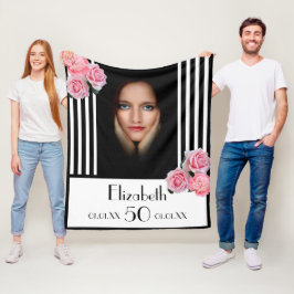 Cobertor De Velo 50.º aniversário - listras brancas pretas florais 