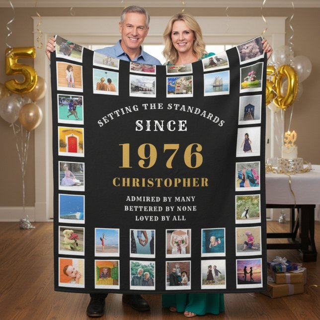 Cobertor De Velo 50th Birthday Family Memories Photo Collage  (born 1976 black fleece blanket held by a couple.)