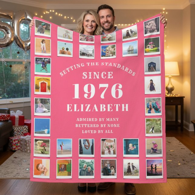 Cobertor De Velo 50th Birthday Mother Family Photo collage Pink (Born 1976 pink fleece blanket held up by a couple.)